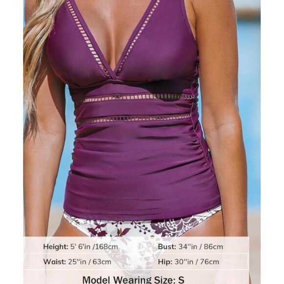 CUPSHE Purple V-Neck Cut-Out Pattern Tankini Adjustable Straps Hook Back Size Sm - Picture 2 of 16